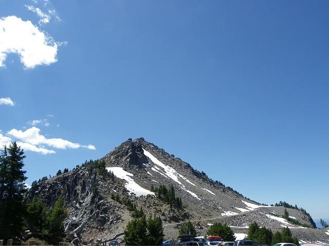 One of the many peaks near the lake. Looks like something is on the top of it.